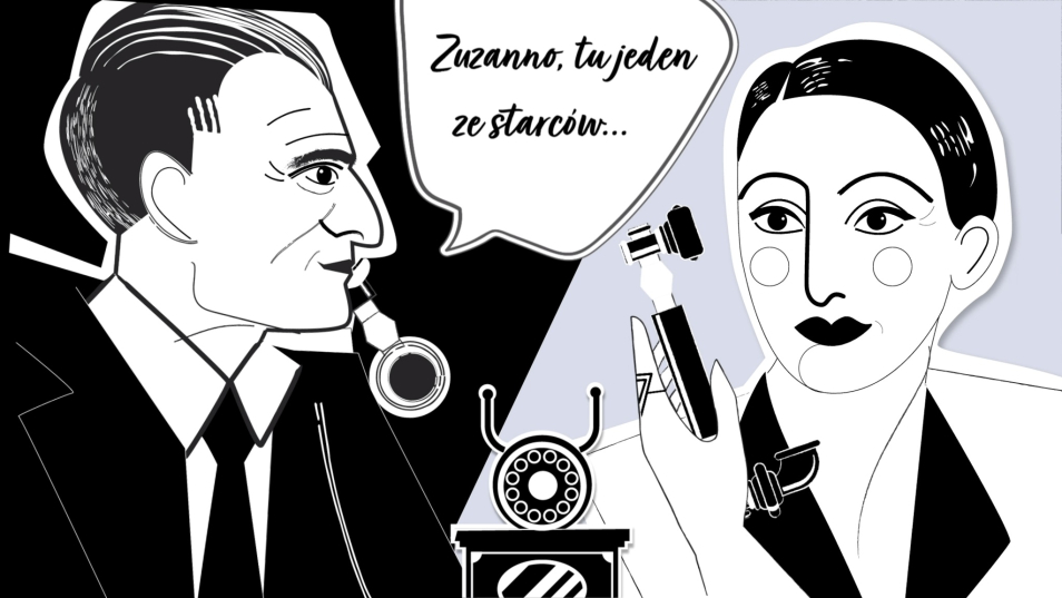 Okładka cyklu Historie osobiste. Po lewej stronie rysunek Juliana Tuwima, który rozmawia przez telefon. Obok dymek: Zuzanno, tu jeden ze starców. Obok, po lewej stronie rysunek Zuzanny Ginczanki.