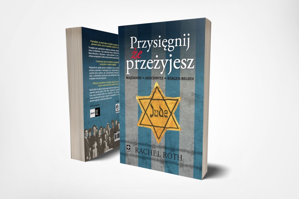 Okładka książki "Przysięgnij, że przeżyjesz" Rachel Roth. Biało-niebieskie obozowe pasy, a na środku żółta gwiazda Dawida.