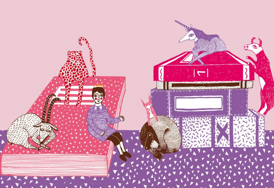 Grafika ilustracyjna. Chłopiec, ocelot, baran siedzą na książce. Jednorożec leży na stosie książek, o który opierają się indyk i byk.