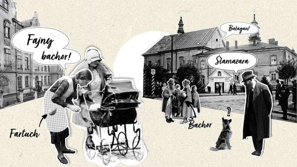 Kadr z filmu o Bolesławie Leśmianie i Racheli Korn. Scenka rodzajowa - nad wózkiem pochylają się dwie kobiety, na górze (w dymku): fajny bachor! Obok stoi Żyd w kapeluszu i mówi do psa "ślamazara".