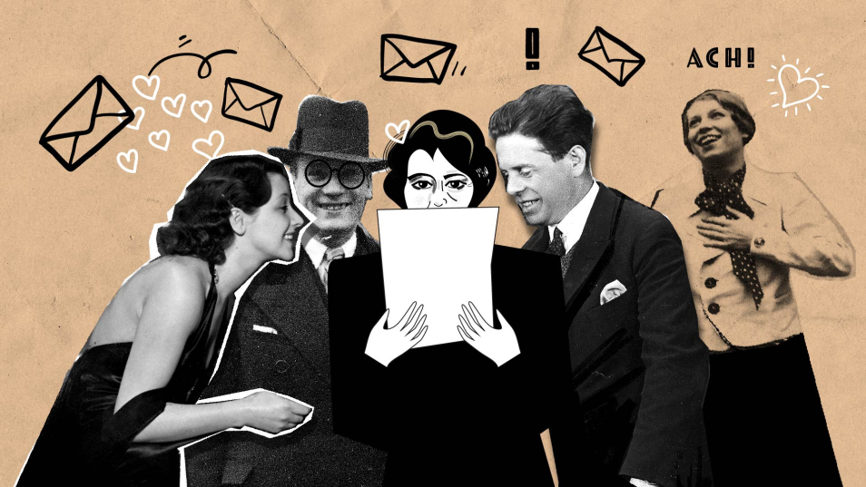Debora Vogel trzyma kartkę papieru, obok niej, z prawej strony - Bruno Schulz. Z lewej - kobieta w wieczorowej sukni i mężczyzna w kapeluszu.