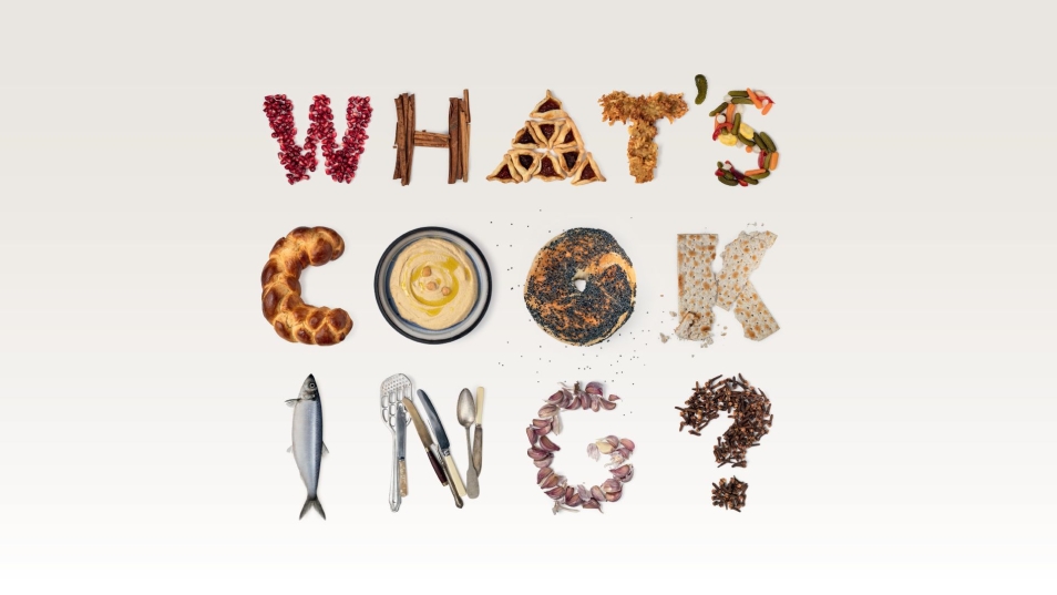 A text: "What's Cooking?" made with dishes in a specific letter shape