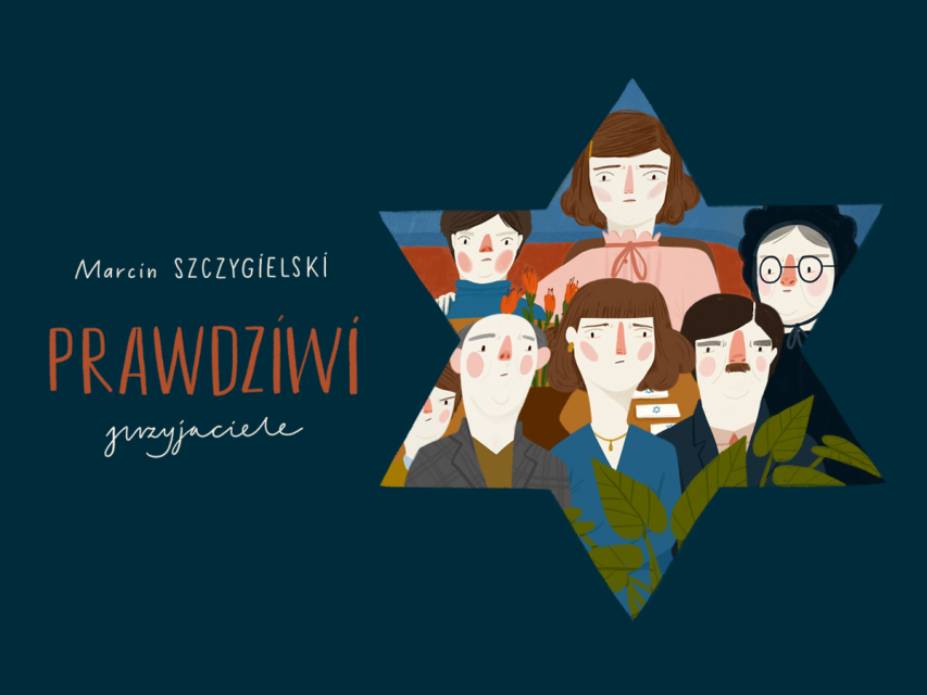 Grafika promująca opowiadanie Marcina Szczygielskiego "Prawdziwi przyjaciele". W gwieździe Dawida sylwetki kilku postaci.