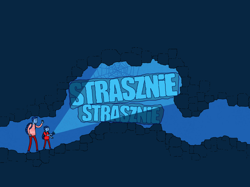 Grafika promująca opowiadanie "Strasznie, strasznie". Dziecko i dorosły oświetlają sobie drogą latarką, wokół panuje mrok.