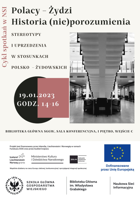 Plakat wykładu w bibliotece SGGW, "Polacy - Żydzi. Historia (nie)porozumienia", 19.01.2023.