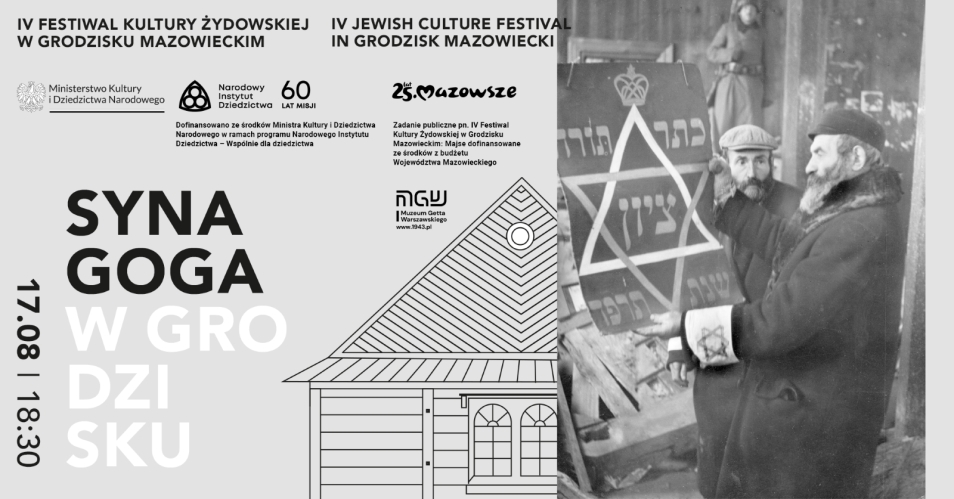 Szara plansza - z lewej strony napis: 17.08, synagoga w Grodzisku. Z prawej: dwaj Żydzi, jeden z nich trzyma plakat z gwiazdą Dawida.