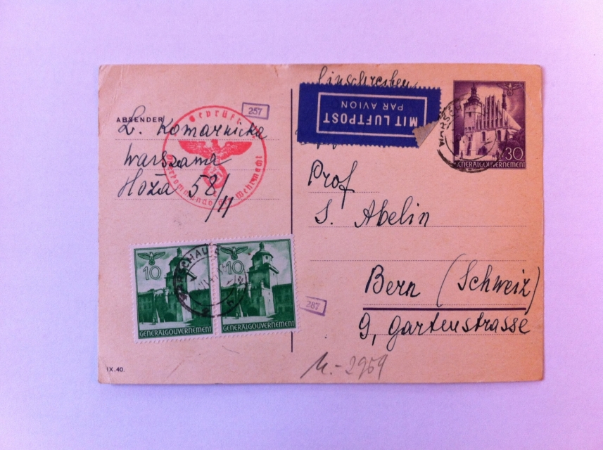 Fragment pocztówki z Archiwum Rozentalów wysyłana z Warszawy do Berlina.