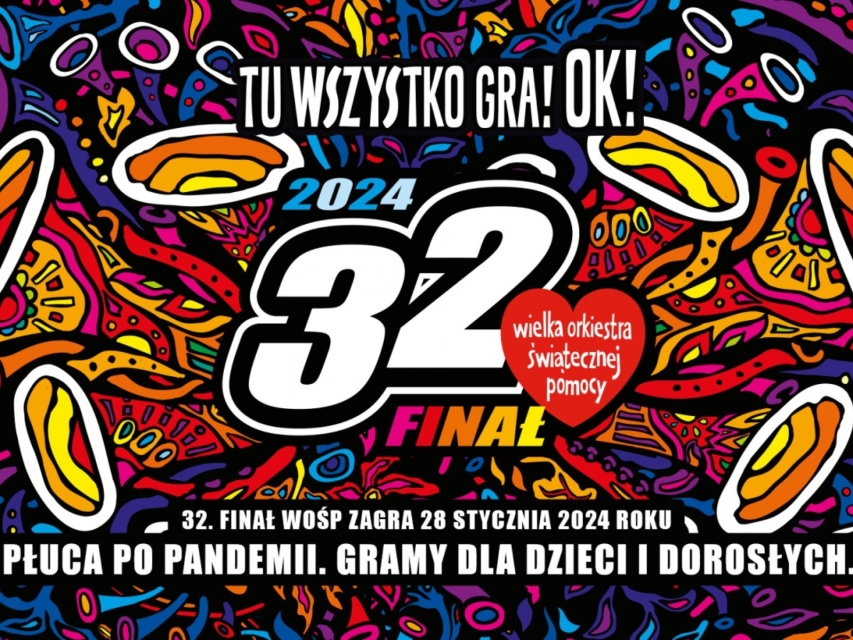 Na tle kolorowych trąbek napis: Tu wszystko gra! Ok! 2024 - 32. finał Wielkiej Orkiestry Świątecznej Pomocy zagra 28 stycznia 2024. Płuca po pandemii. Gramy dla dzieci i dorosłych.