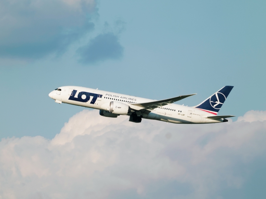 Samolot Boeing 787-8 Dreamliner leci po niebie.