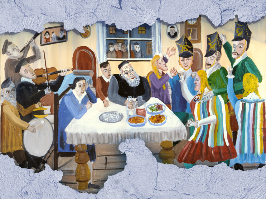Przedstawienie purimowe "Krakowskie wesele" - obraz Majera Kirszenblata. Grupa żydowskich weselników w kolorowych strojach siedzi przy stole podczas święta Purim. Dookoła obrazu szara, popękana ramka projektu Piotra Jakoweńki.
