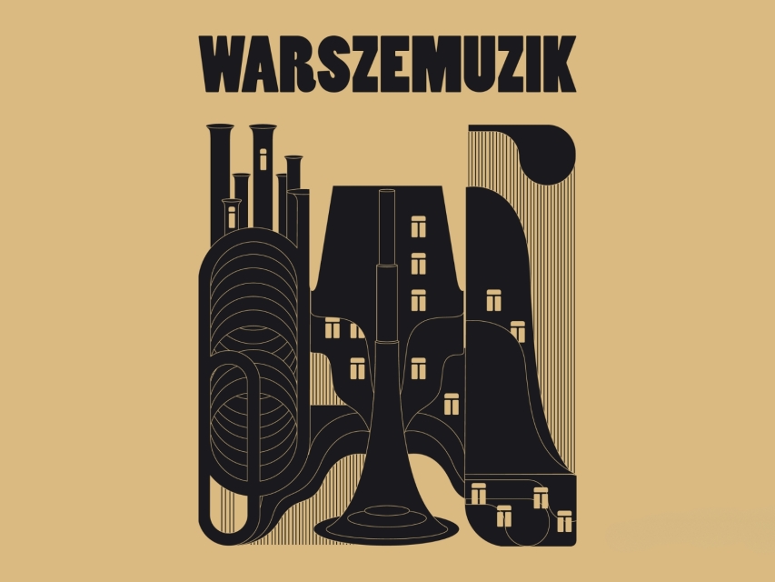 Plakat WarszeMuzik 2024 - na kremowym tle czarne kamienice w kształcie instrumentów muzycznych.