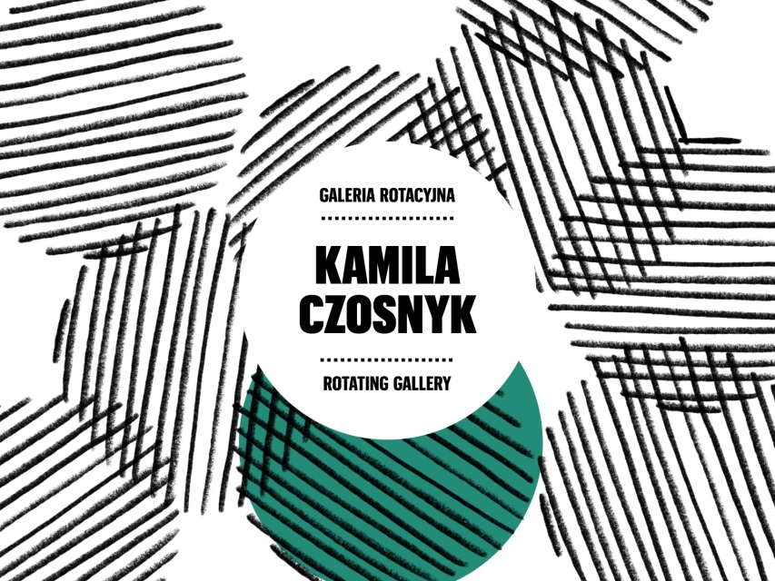 Koła wypełnione liniami. Na środku okrąg z napisem Kamila Czosnyk. Galeria Rotacyjna. / Circles filled with lines. In the centre a circle with the inscription Kamila Czosnyk Rotating Gallery. 