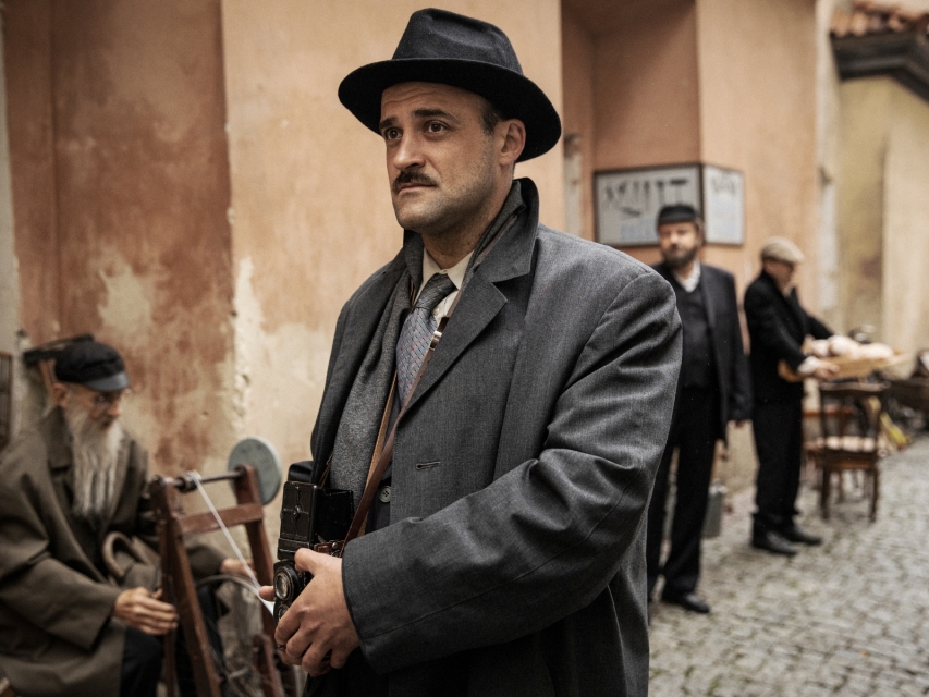 Kadr z filmu "Vishniac". Mężczyzna w kapeluszu idzie po brukowanej ulicy. Przechodzi obok trzech Żydów.