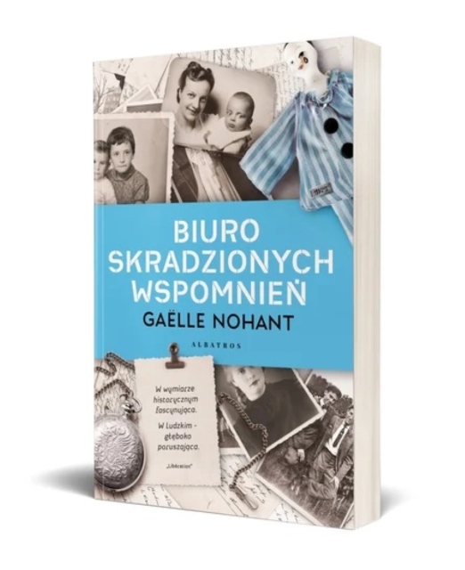 Okladka książki "Biuro skradzionych wspomnień" - archiwalne fotografie dzieci i doroslych, pasiaki obozowe.