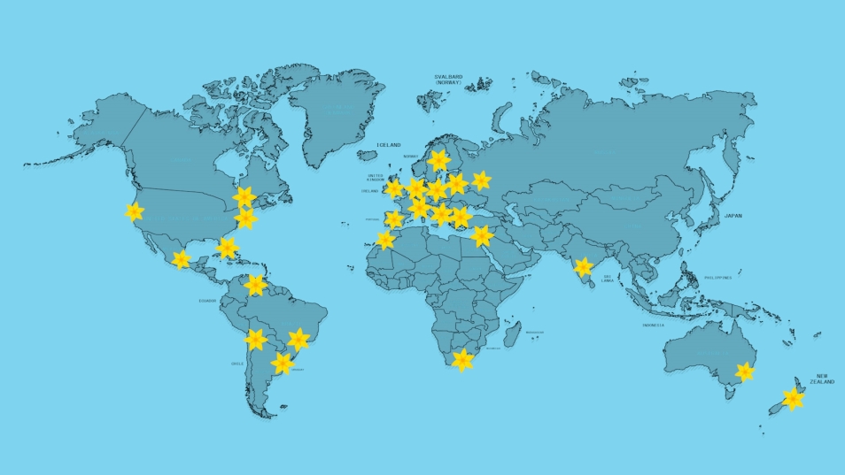 Map of the world indicating the countries to which paper daffodils are delivered.
