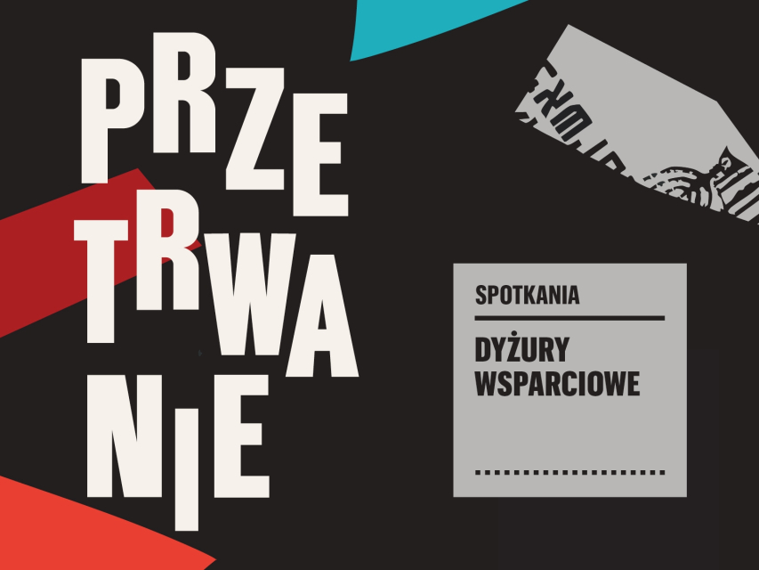 Z lewej strony napis przetrwanie, z prawej kwadrat z napisem spotkania, dyżury wsparciowe.