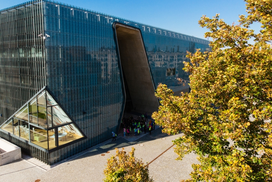 Budynek Muzeum POLIN wśród drzew.
