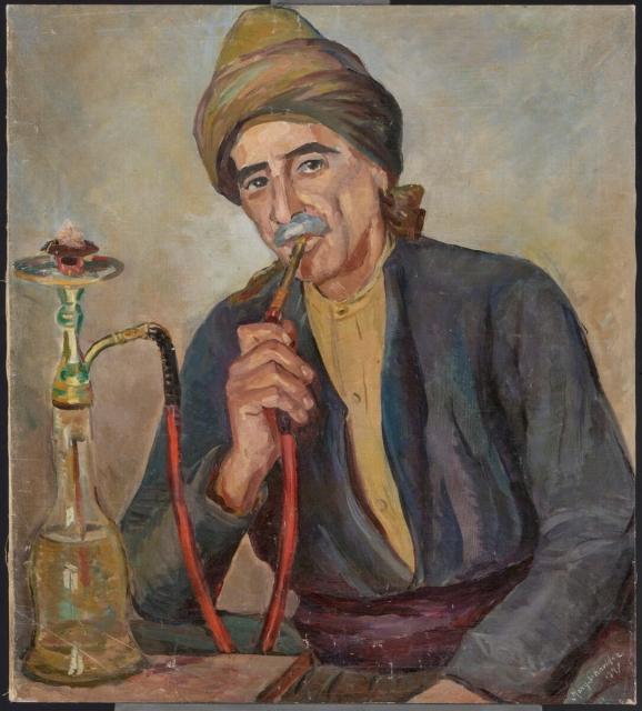 Obraz Mery Litauer-Schneider, Portret mężczyzny palącego fajkę wodną.