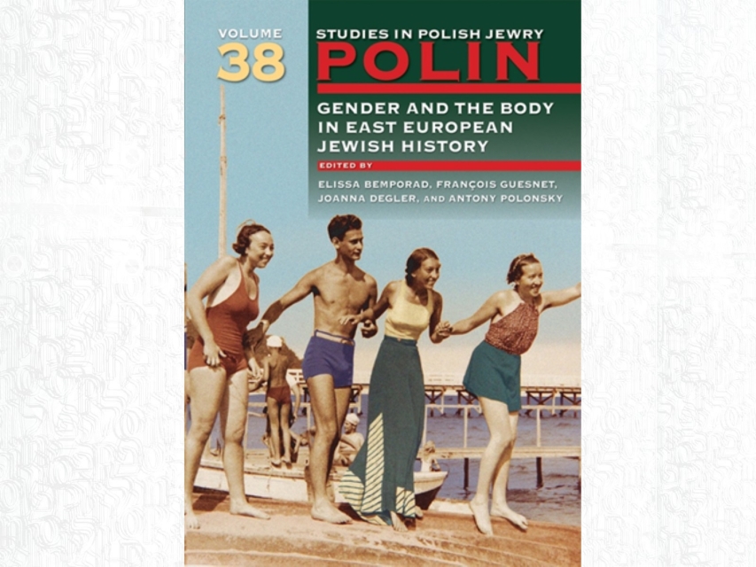 Cover of the journal "Studies in Polish Jewry. POLIN. Gender and the body in East European Jewish History." Three women in swimsuits and one man in swimming trunks are holding hands.