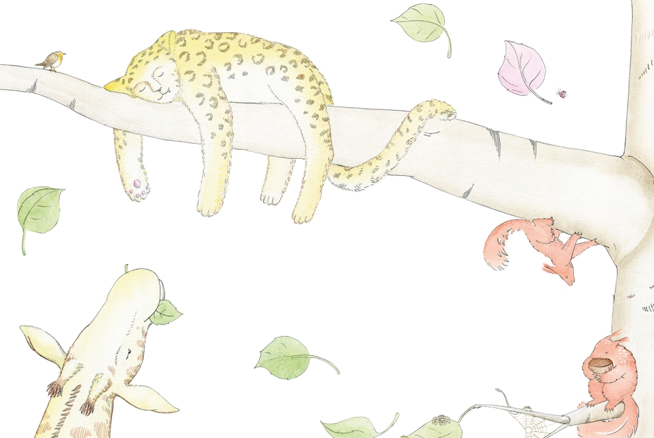 The ocelot is sleeping on a tree branch, and there are two squirrels sitting on it too. The giraffe is holding a falling leaf in its mouth.