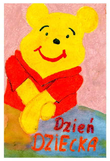 Rysunek przedstawia Kubusia Puchatka - w prawym dolnym rogu znajduje się napis Dzień Dziecka.