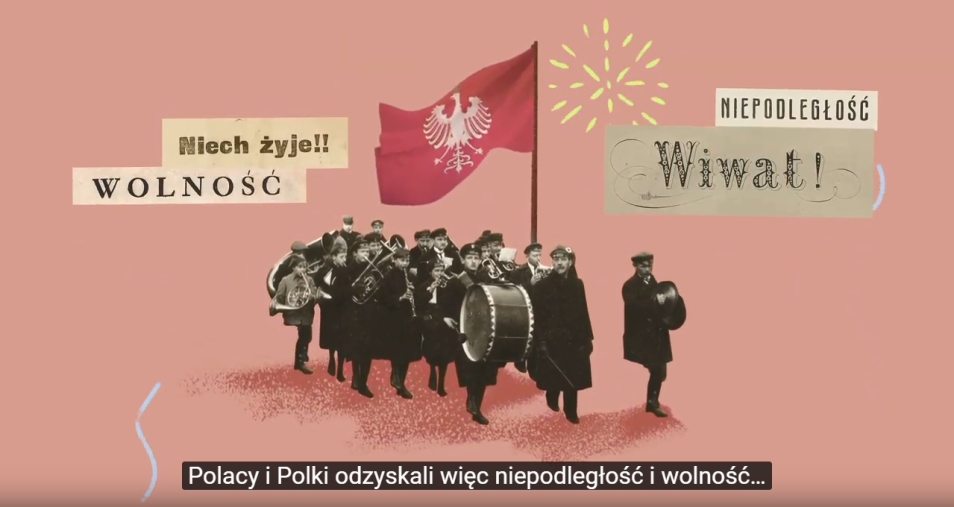 Co się zdarzyło 100 lat temu - film do wystawy "W Polsce króla Maciusia" w Muzeum POLIN. Na zdjęciu: kadr z filmu, który przedstawia Polaków, którzy cieszą się ze zwycięstwa w I wojnie światowej i z utworzenia ponownie państwa polskiego.