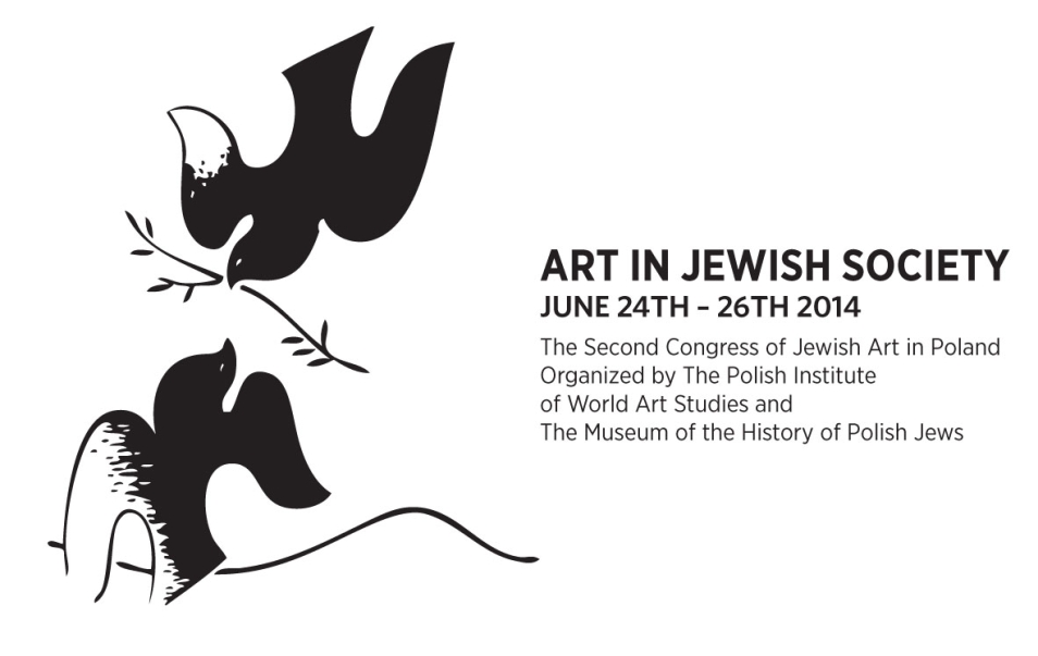 Grafika przedstawia dwa ptaszki - jeden siedzi na gałązce, a drugi leci do niego, trzymając gałązkę w dziobie. Obok napis Art in Jewish Society.