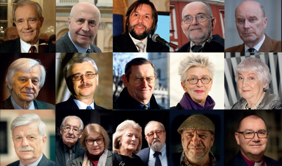 21 edycja Nagrody im. prof. Aleksandra Gieysztora - na grafice znajdują się zdjęcia portretowe dotychczasowych 20 laureatów Nagrody, ułożone w 4 rzędach i w 5 kolumnach.