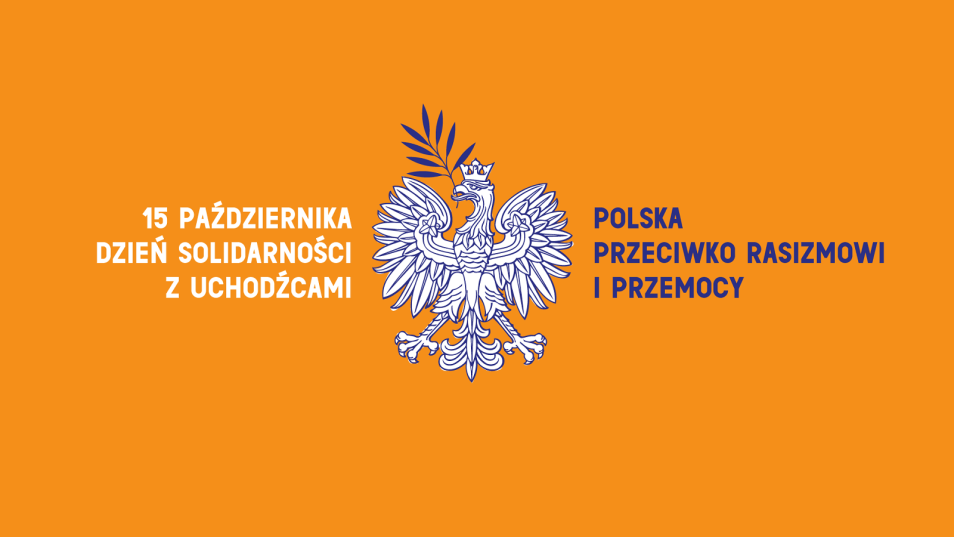 Grafika ilustracyjna Dzień Solidarności z Uchodźcami 2016. Na środku orzeł biały, który w dziobie trzyma gałązkę.