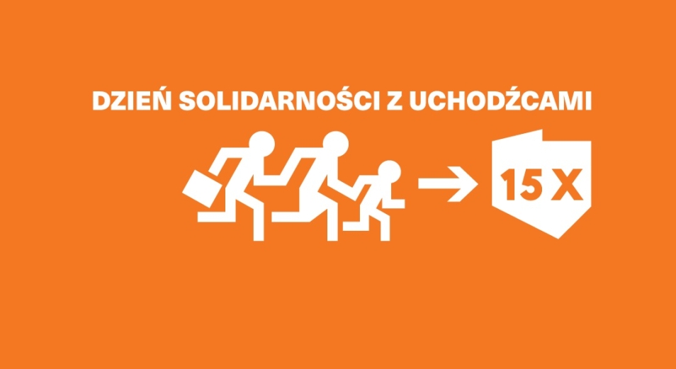 Grafika z napisem dzień solidarności z uchodźcami. Poniżej piktogram przedstawiający trzy biegnące osoby w stronę konturu Polski.