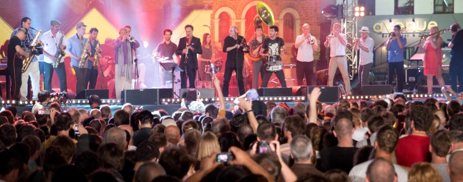 Koncert, grupa ludzi stoi pod sceną.