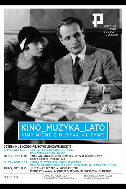 Plakat z programem "KINO_MUZYKA_LATO", tj. kino nieme z muzyką na żywo.
