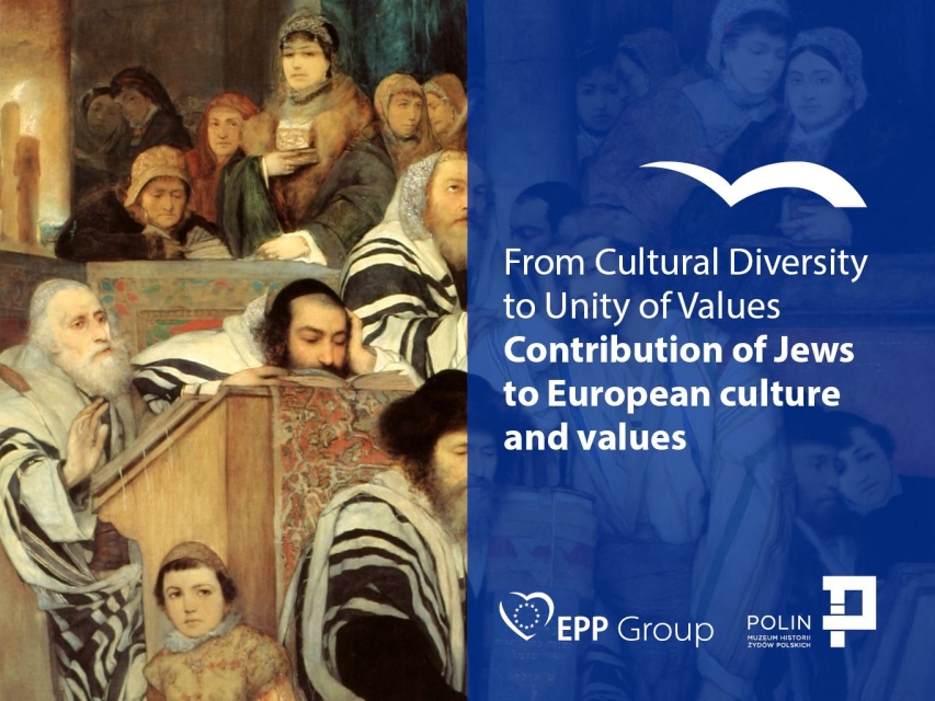 Grafika podzielona na dwie części - po prawej mędrcy, po lewej napis From cultural diversity to unity values. Contribution of Jews to European culture and values.