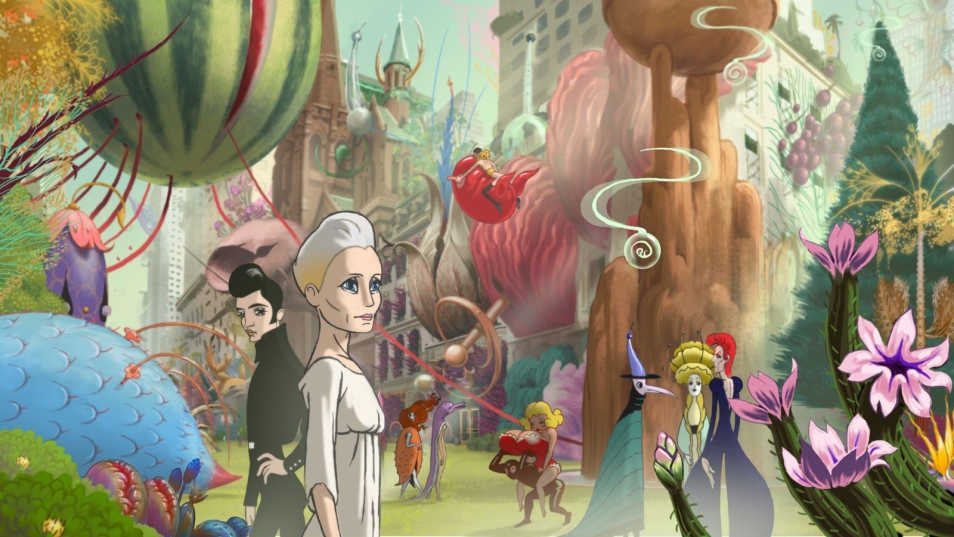 Grafika przedstawia kadr z filmu animowanego - bajkowe postaci w ogrodzie.