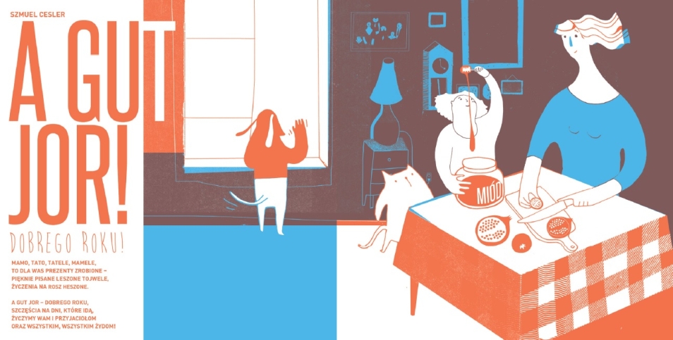 Grafika ilustracyjna matka i córka siedzą przy stole, towarzyszy im kot.