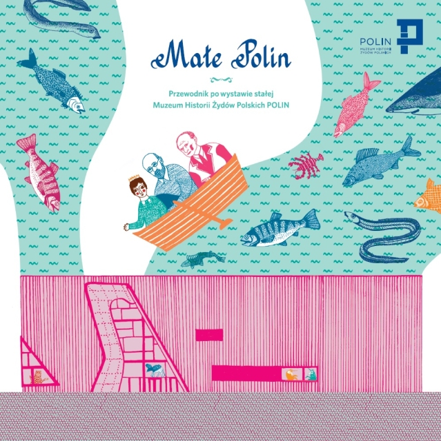 Małe Polin. Grafika ilustracyjna - trzy osoby w łódce, dookoła woda, ryby i węże wodne.
