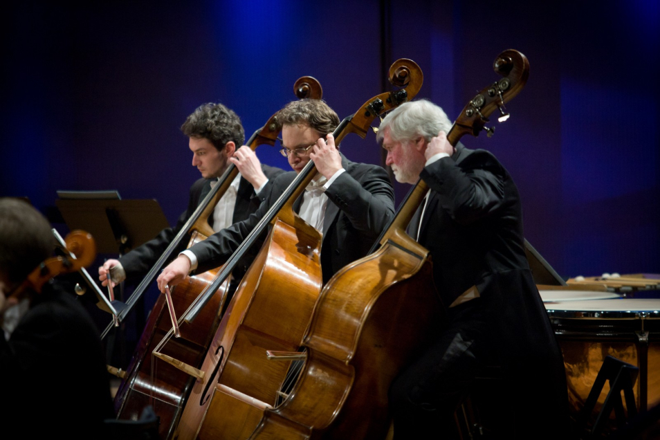 Trzej muzycy orkiestry Sinfonia Varsovia grają na instrumentach smyczkowych.