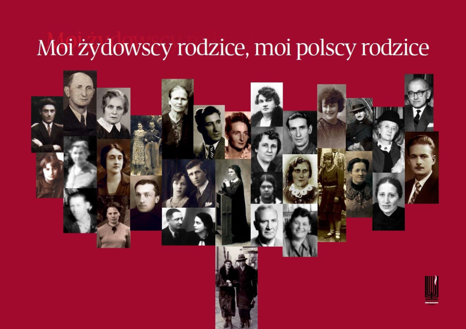 Kolaż w kształcie serca złożony z portretów osób pochodzenia żydowskiego. Na górze napis: moi żydowscy rodzice, moi polscy rodzice.