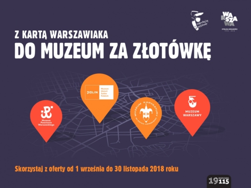 Grafika z napisem Z kartą warszawiaka do muzeum za złotówkę.