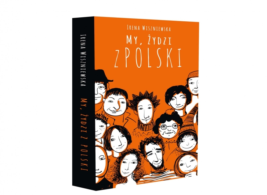 Okładka książki "My, Żydzi z Polski". Na pomarańczowym tle kilka twarzy ciemnowłosych ludzi.