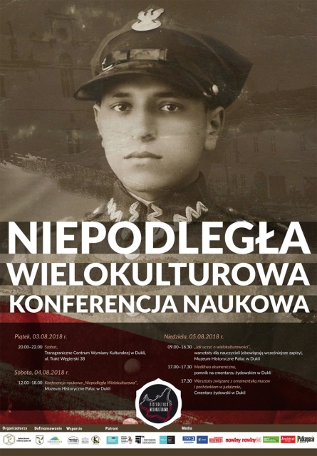 plakat "Niepodległej, Wielokulturowej Konferencji Naukowej" w tle portret żołnierza II RP