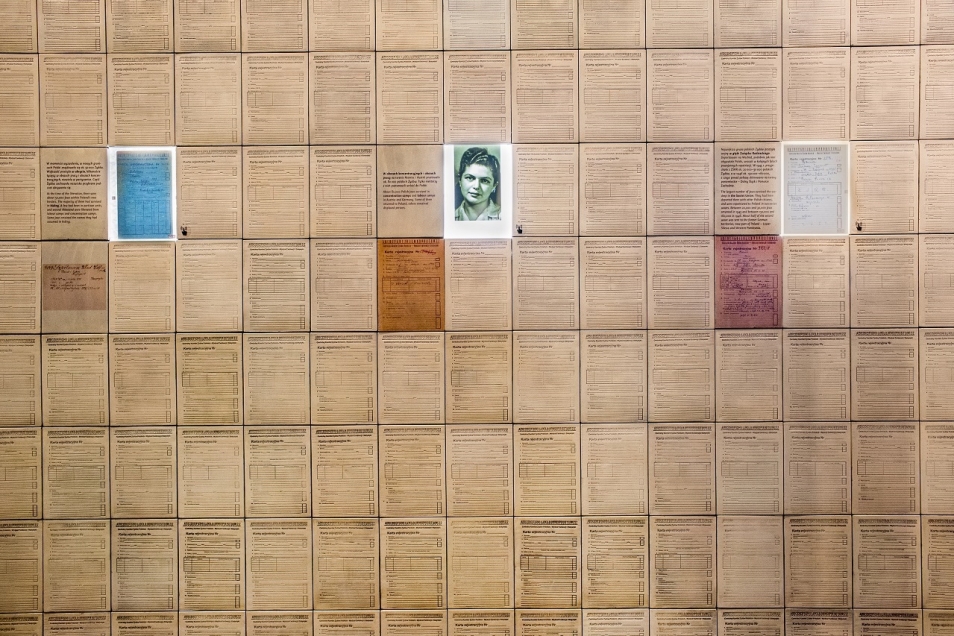 Ściana w galerii Powojnie na wystawie stałej Muzeum POLIN, złożona z ceramicznych płytek, naśladujących karty zgłoszeniowe zaginiowych