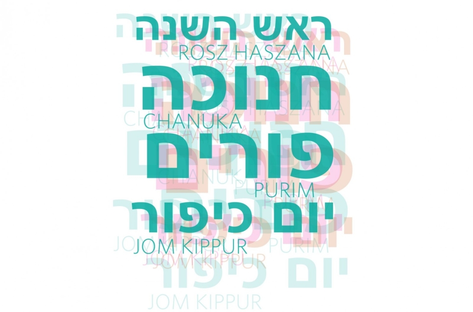 Grafika z nazwami świąt żydowskich w języku polskim i hebrajskim: Rosz Haszana, Chanuka, Purim, Jom Kippur.
