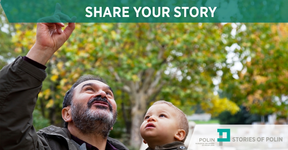 An elderly man holds a little boy in his arms, pointing his finger toward the sky tells him something. Caption: Share your story.