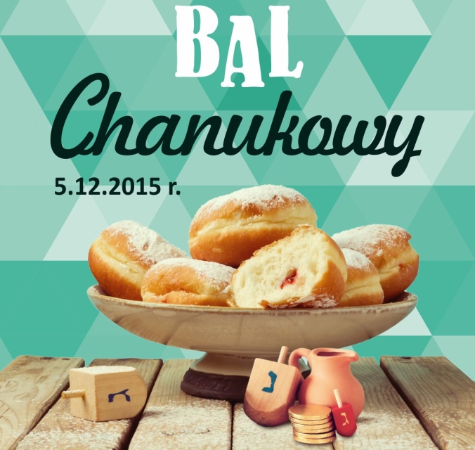 Grafika przedstawia pączki w naczyniu. Na górze napis bal chanukowy.