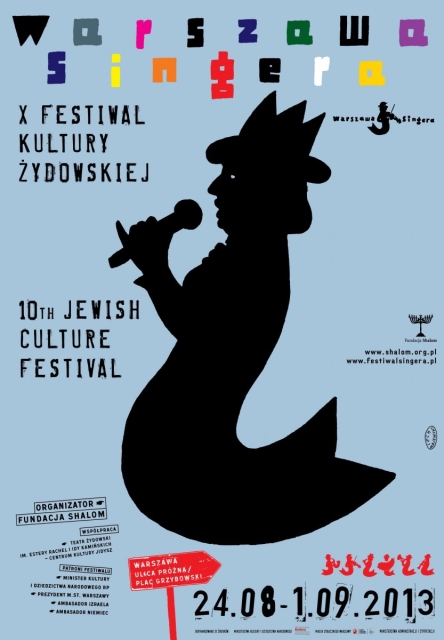 Plakat Warszawa Singera. Na czerwonym tle czarna postać w kapelusz, w dłoniach trzyma flet, zamiast nóg ma syreni ogon.