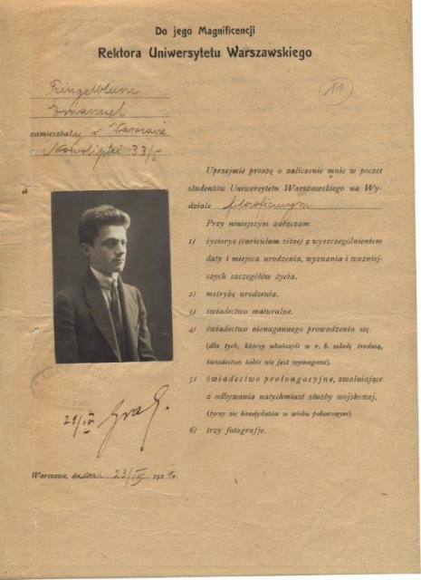 List Emanuela Ringelbluma do Rektora Uniwersytetu Warszawskiego