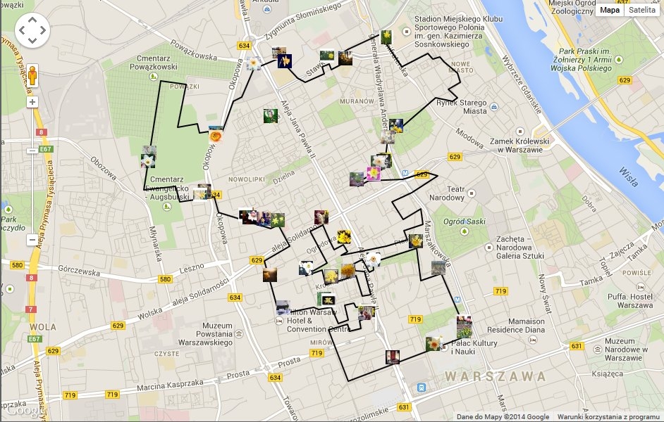 mapa Warszawy z zaznaczoną trasą