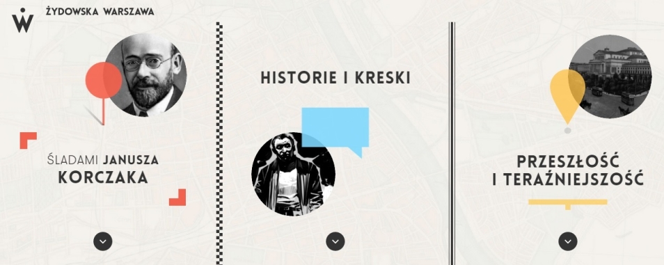 Grafika podzielona na trzy części - od lewej: Śmierć Janusza Korczaka, Historie i kreski, Przeszłość i teraźniejszość.