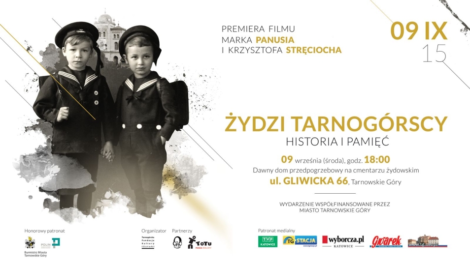 Plakat przedstawia dwóch chłopców żydowskich, obok napis: Żydzi tarnogórscy - historia i pamięć.